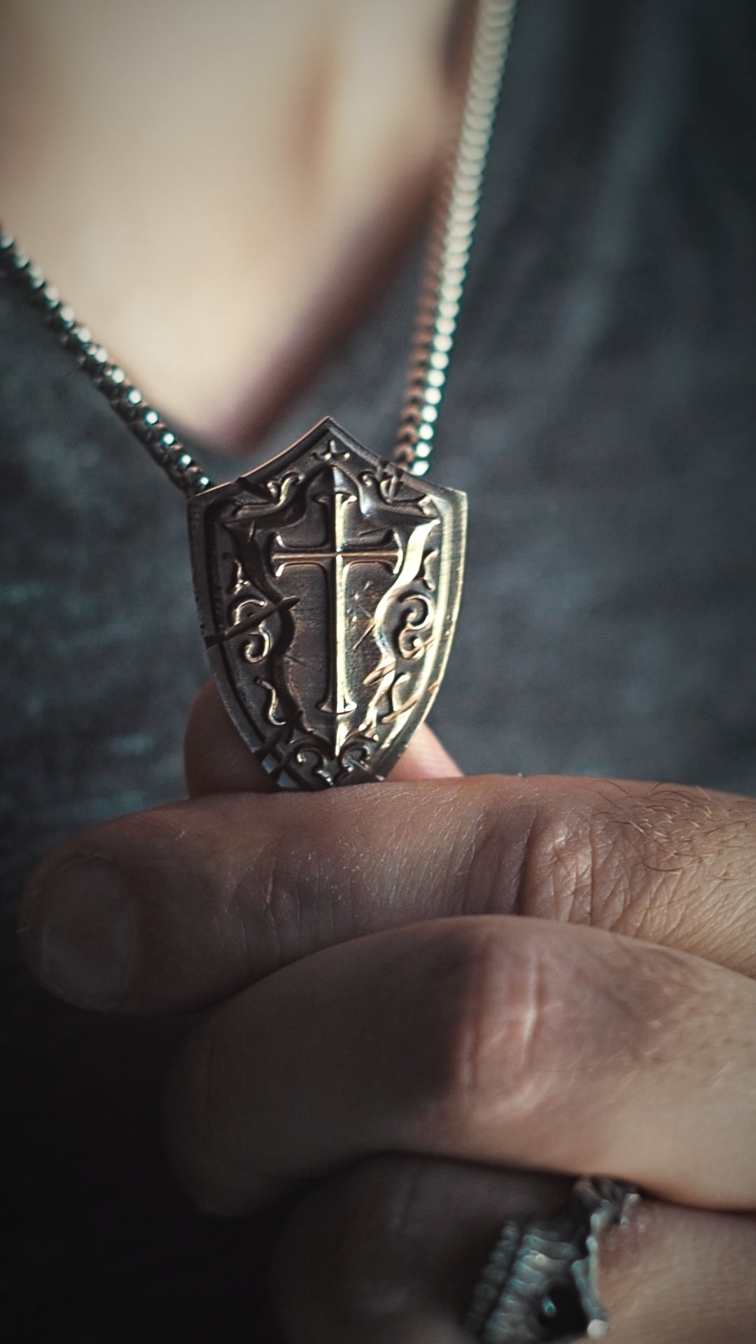 Battlescar Cross Shield Necklace - Ornate Bronze