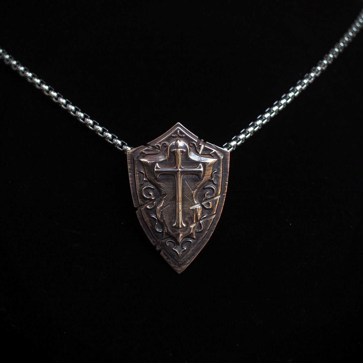 Battlescar Cross Shield Necklace - Ornate Bronze