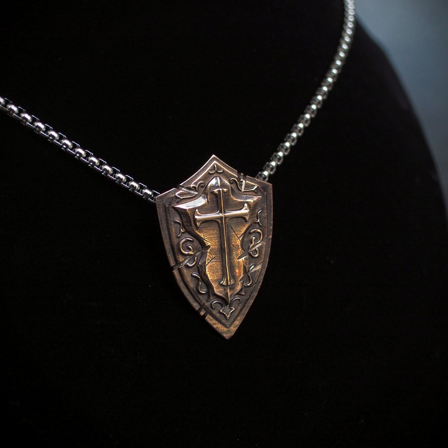 Battlescar Cross Shield Necklace - Ornate Bronze