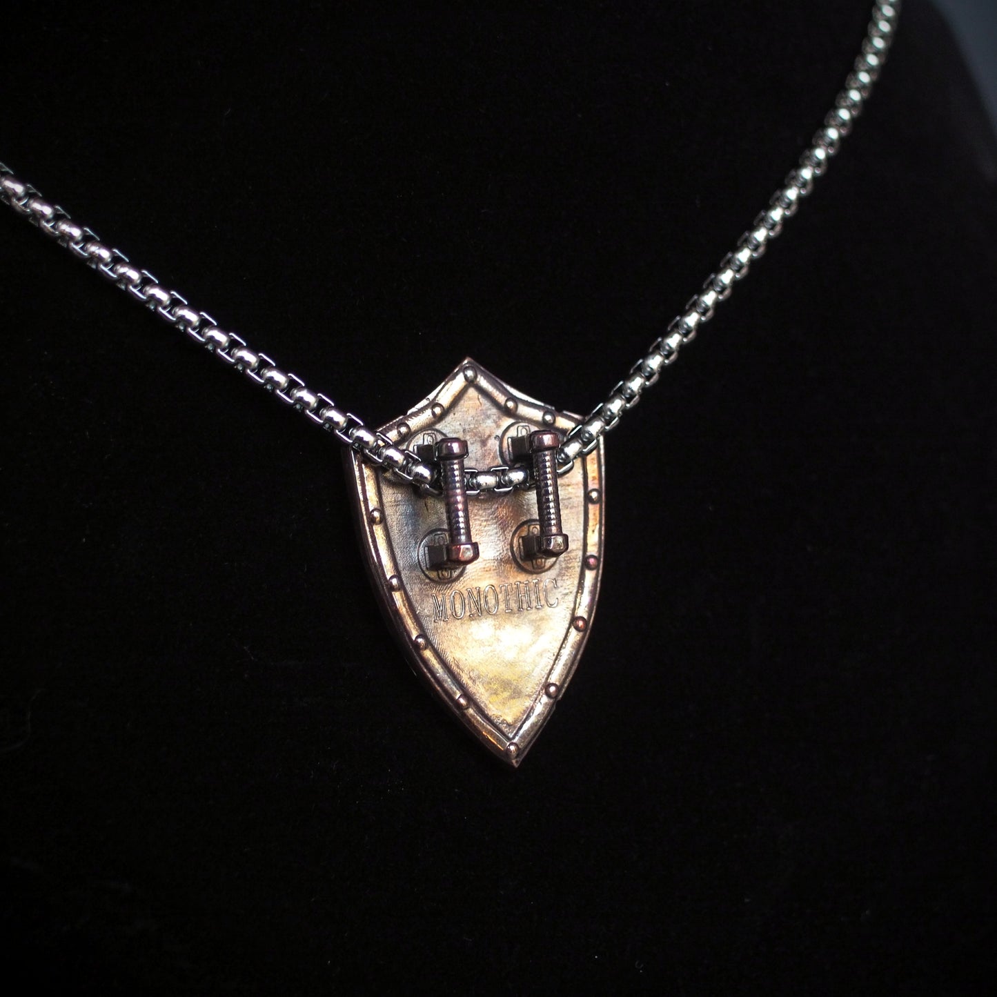 Battlescar Cross Shield Necklace - Ornate Bronze