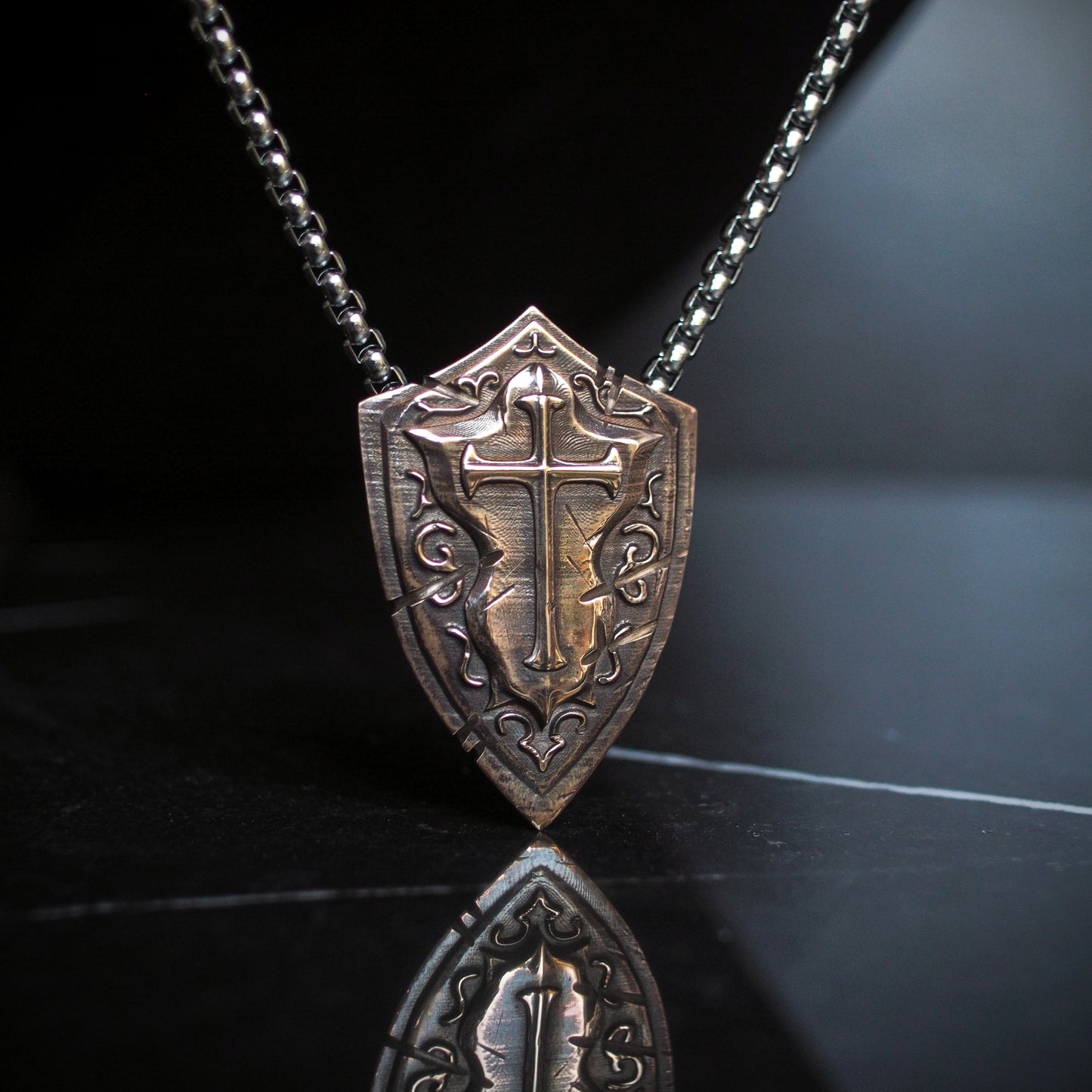 Battlescar Cross Shield Necklace - Ornate Bronze