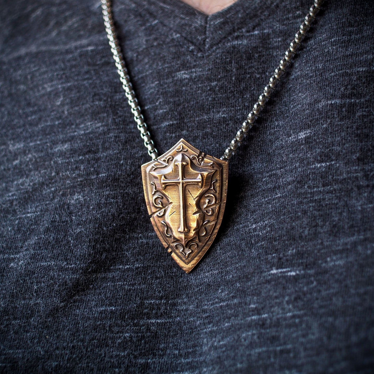 Battlescar Cross Shield Necklace - Ornate Bronze