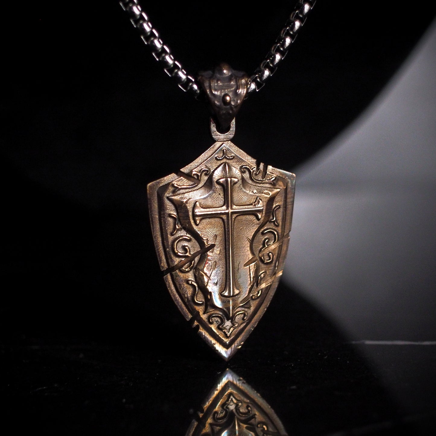 Battlescar Cross Shield Necklace - Ornate Bronze