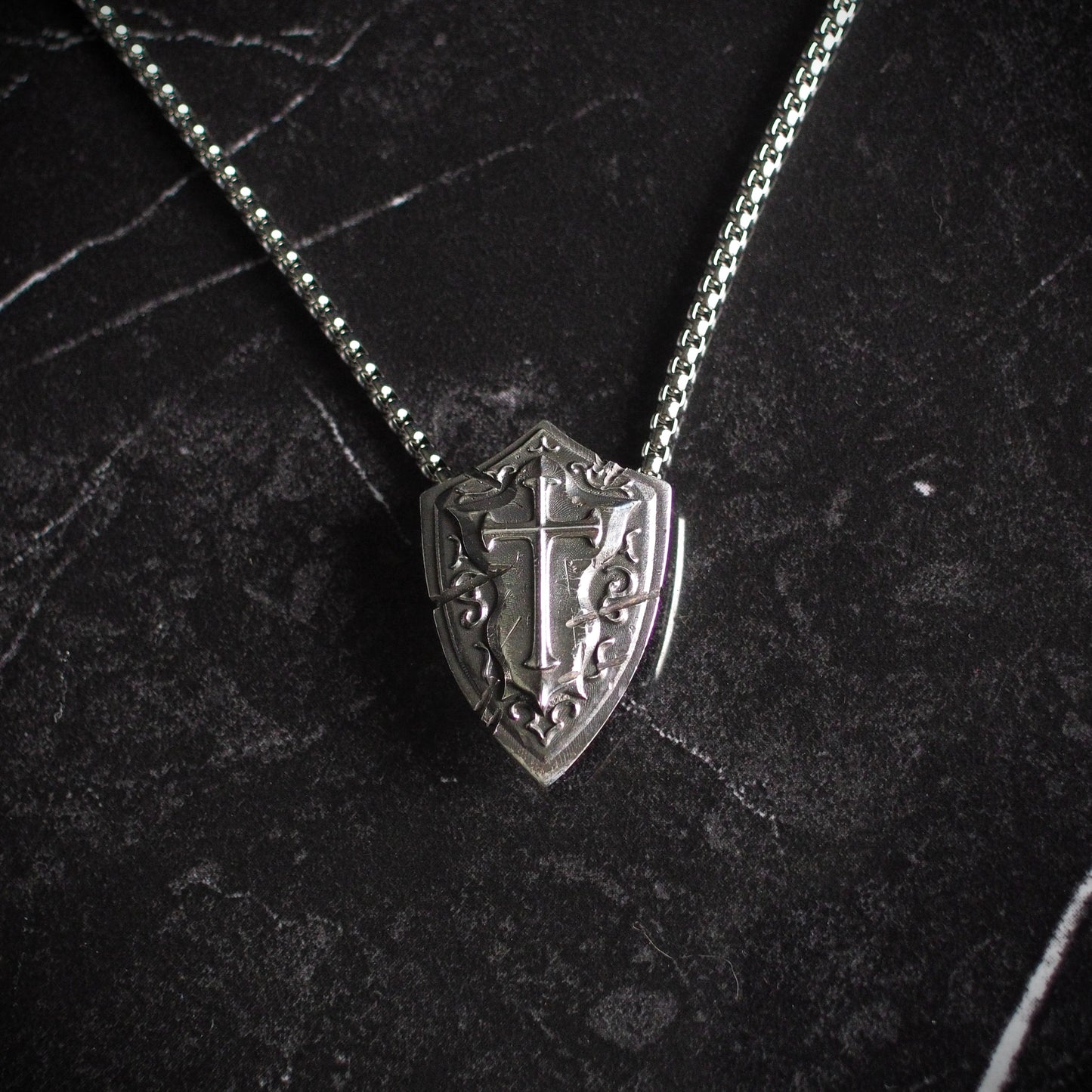 Battlescar Cross Shield Necklace - Sterling Silver