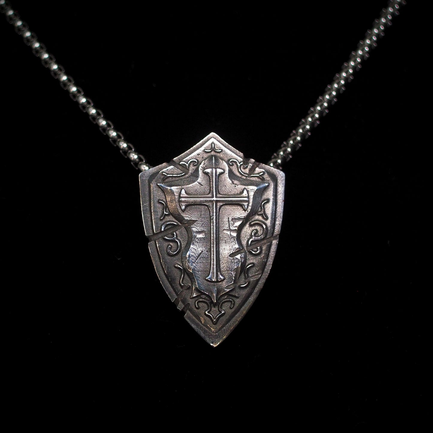 Battlescar Cross Shield Necklace - Sterling Silver