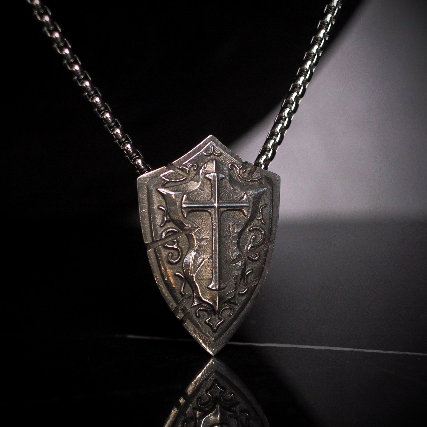 Battlescar Cross Shield Necklace - Sterling Silver