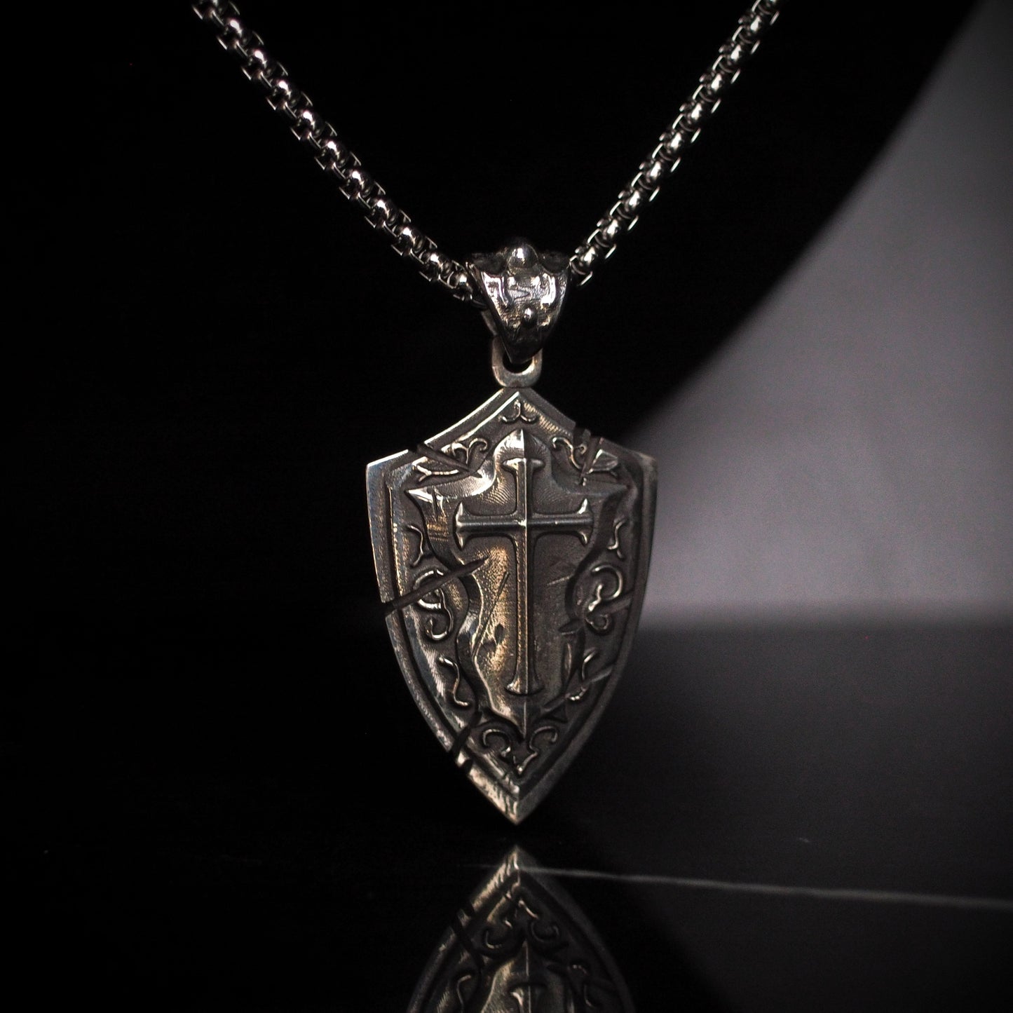 Battlescar Cross Shield Necklace - Sterling Silver