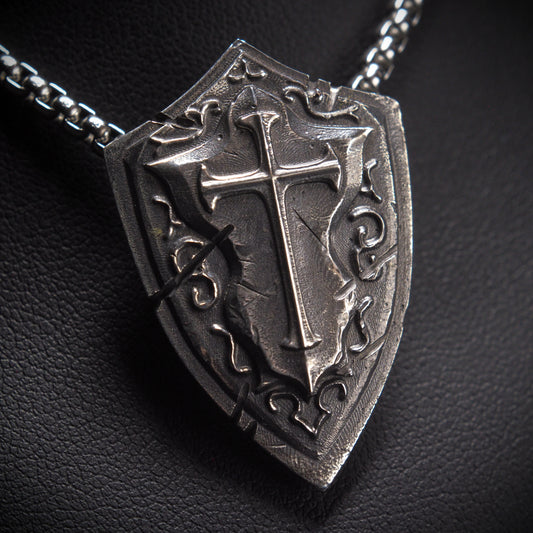 Battlescar Cross Shield Necklace - Sterling Silver