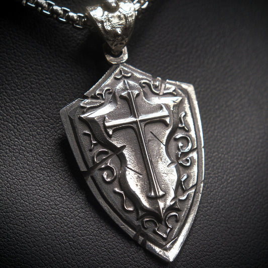 Battlescar Cross Shield Necklace - Sterling Silver