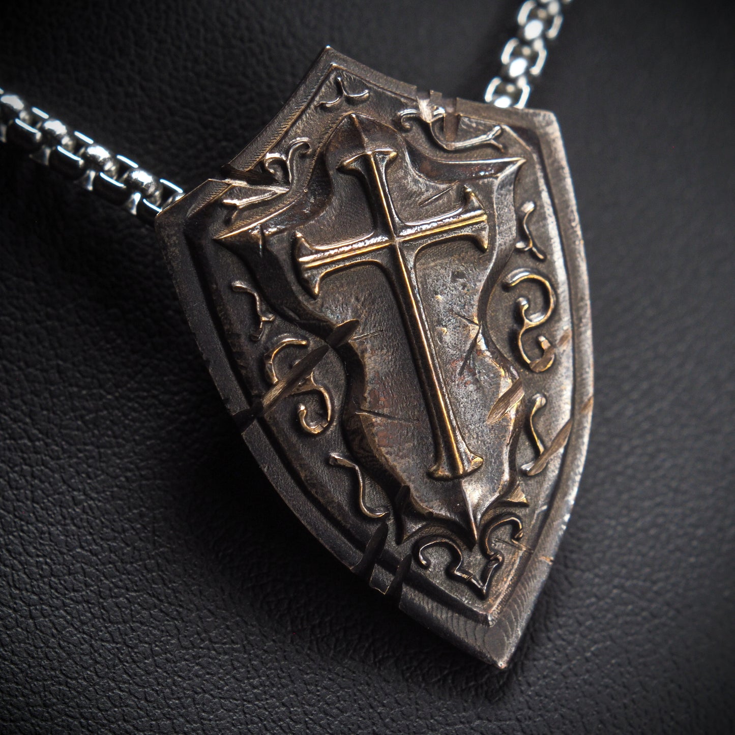 Battlescar Cross Shield Necklace - Ornate Bronze