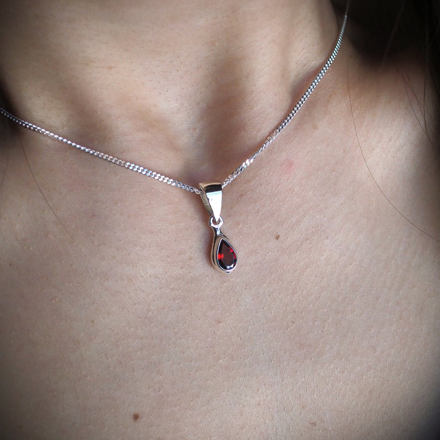 Garnet Teardrop Necklace - Sterling Silver